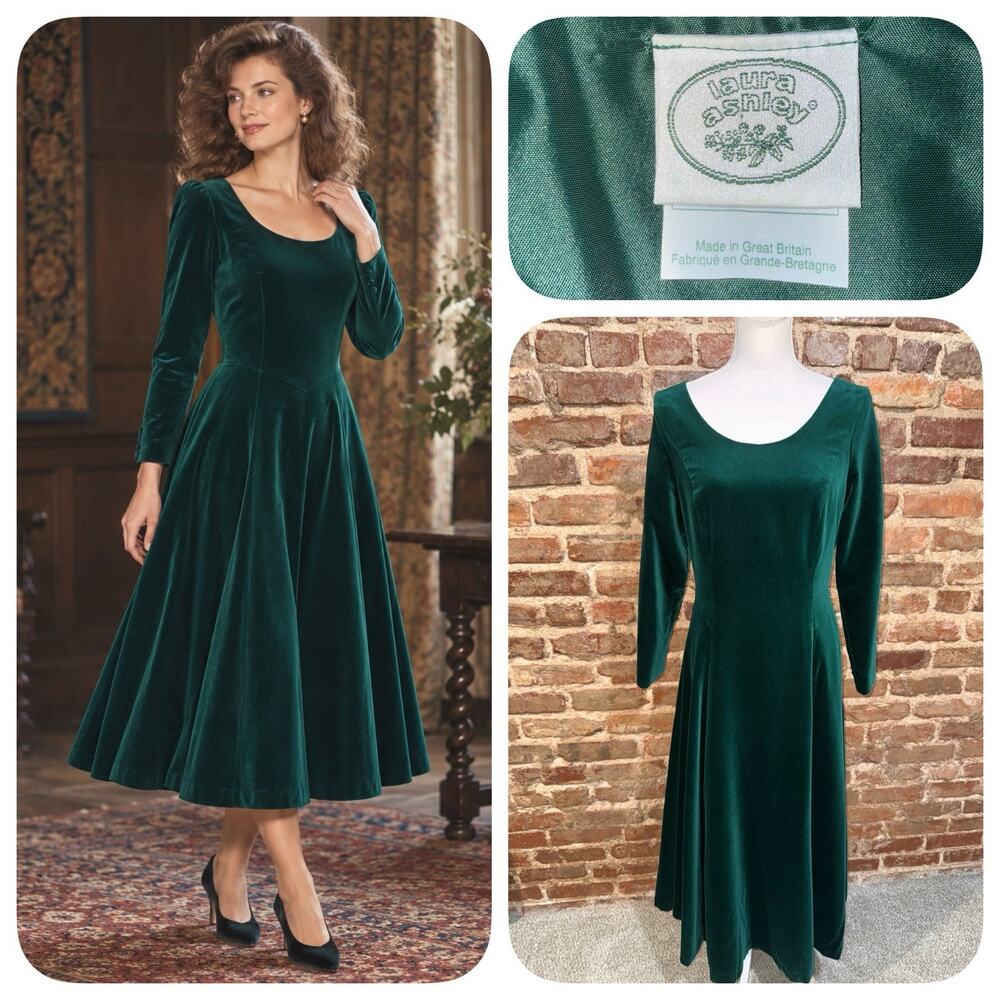 PRISTINE- 80’s Laura Ashley Emerald Velvet Victorian Dress US12 Made in Britain